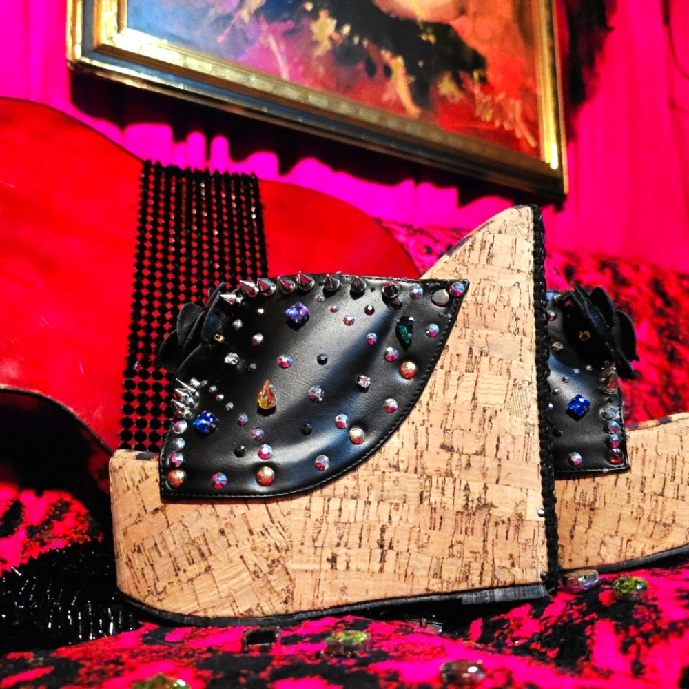 Embellished Black High Wedge Heels with Spikes, Rhinestones And Jewels
